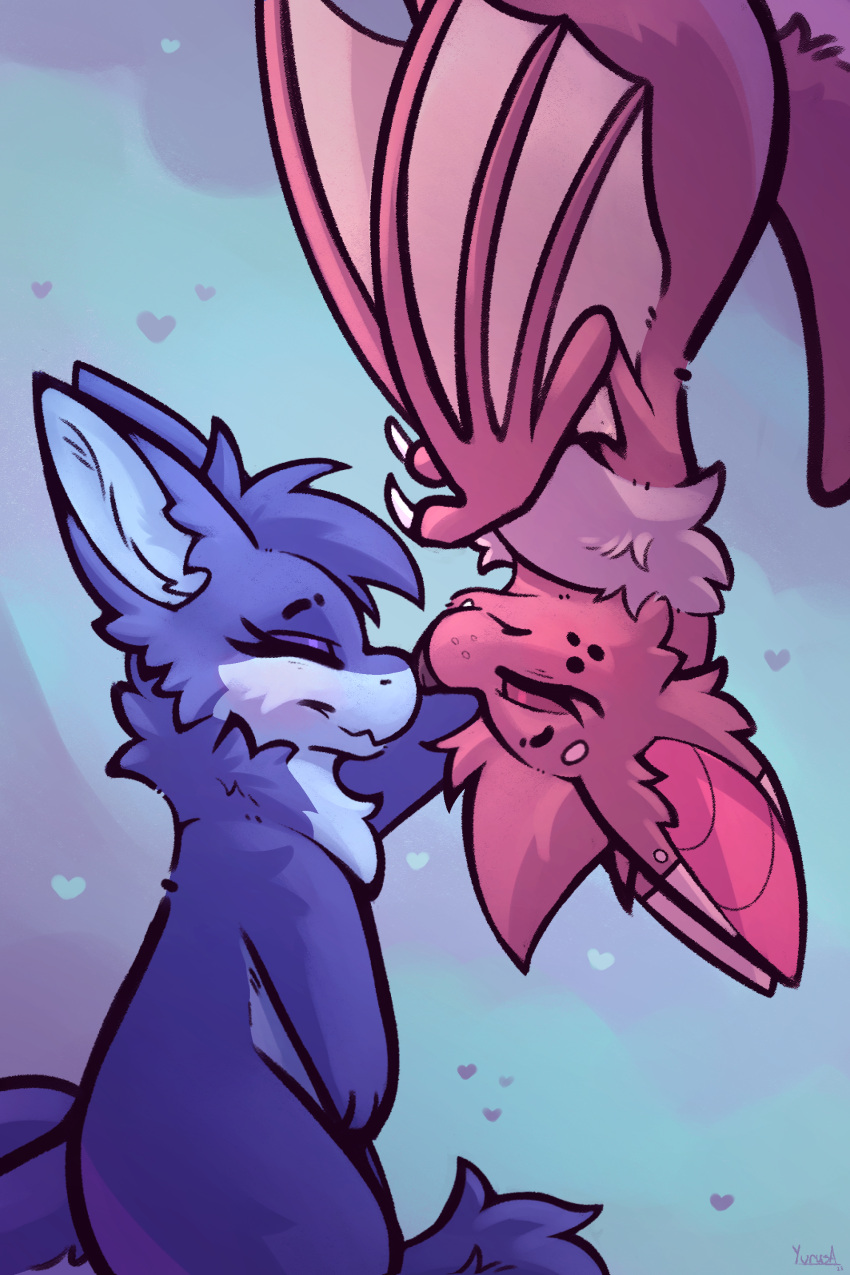 &lt;3 2023 absurd_res anthro bat blue_body blue_fur boop duo eyes_closed female female/female fruit_slice_(yurusa) fur harzipan hi_res love mammal monster pink_body pink_fur romantic romantic_couple semi-anthro signature simple_background upside_down yurusa