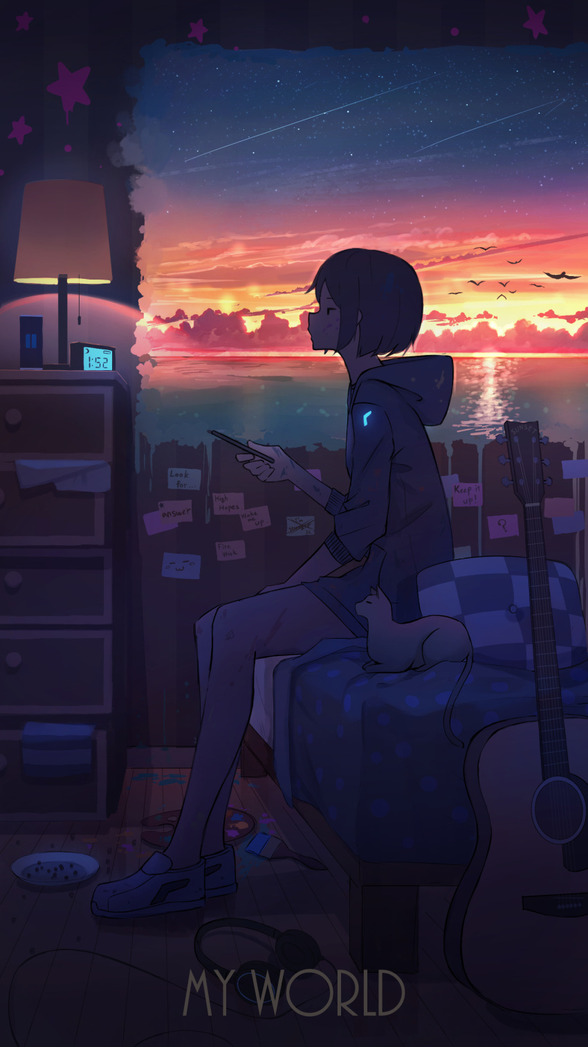 1girl absurdres alarm_clock bare_legs blue_hoodie cat cellphone clock cloud commentary contrail cushion dirty double_exposure english_text flock glowing guitar highres holding holding_phone hood hoodie indoors instrument lamp lampshade original paintbrush pasoputi phone puffy_sleeves scenery sitting sky smartphone solo star_(sky) starry_sky sunset variant_set