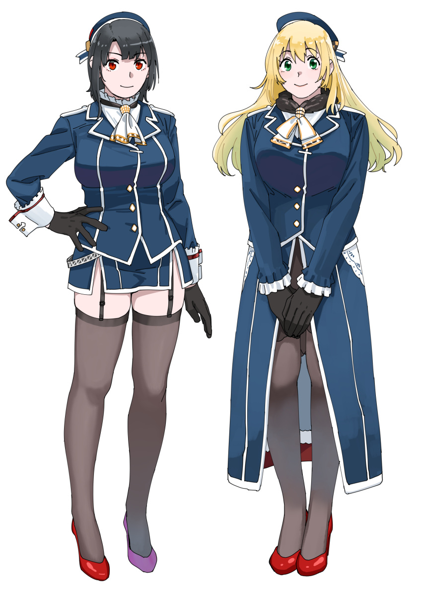 2girls ascot atago_(kancolle) beret black_gloves black_hair black_thighhighs blonde_hair blue_eyes blue_headwear blue_jacket blue_skirt blush breasts closed_mouth full_body garter_straps gloves green_eyes hand_on_own_hip hat high_heels highres jacket kantai_collection large_breasts long_hair long_sleeves military military_uniform multiple_girls ojipon pantyhose red_eyes red_footwear shirt short_hair simple_background skirt smile takao_(kancolle) thighhighs uniform white_ascot white_background white_shirt