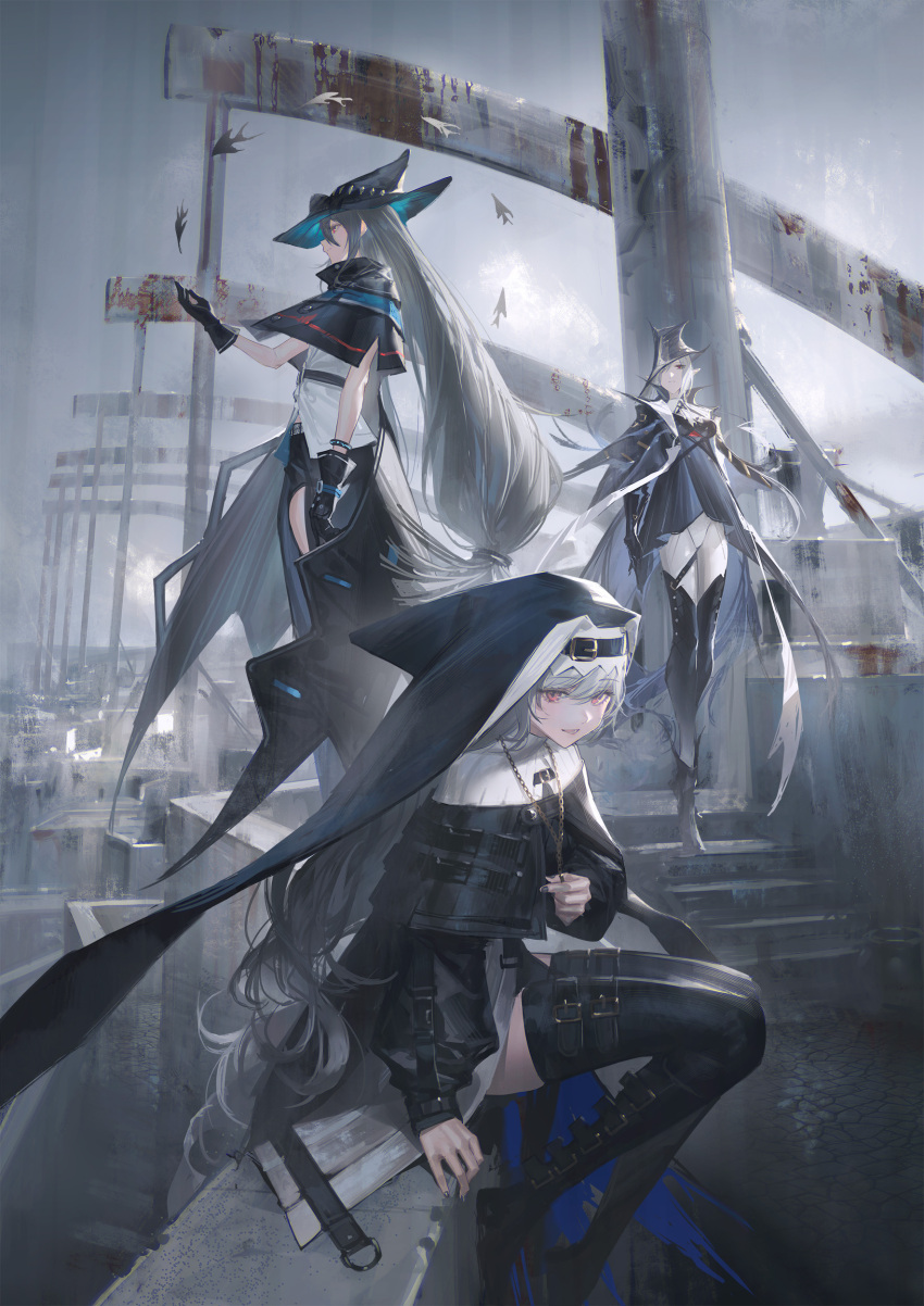 3girls absurdres arknights black_gloves black_nails blood building character_request clothing_cutout copyright_request dress from_below gladiia_(arknights) gloves grey_hair grey_sky habit hair_over_one_eye headwear_request high_collar highres holding holding_jewelry holding_necklace jacket jacket_on_shoulders jewelry leotard long_hair looking_at_viewer multiple_girls necklace nun open_mouth red_eyes reoen short_dress sitting skadi_(arknights) sky specter_(arknights) stairs standing thigh_cutout thighhighs veil very_long_hair white_leotard