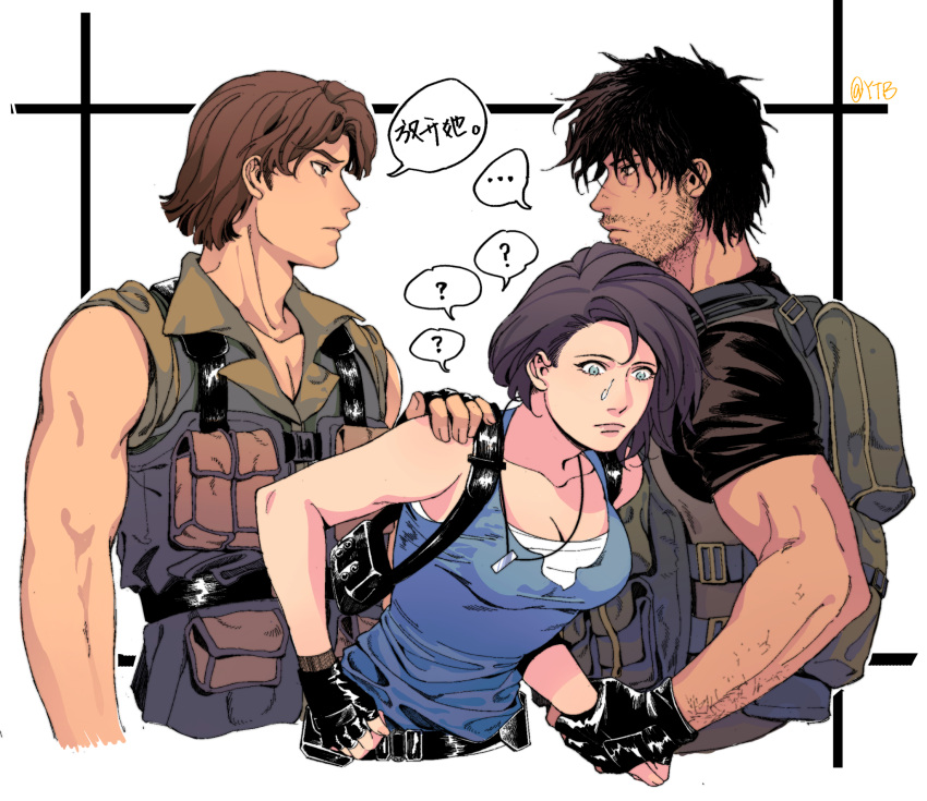 1girl 2boys blue_shirt brown_hair carlos_oliveira dual_persona green_shirt highres jill_valentine multiple_boys resident_evil resident_evil_3:_nemesis shirt short_sleeves sleeveless white_background