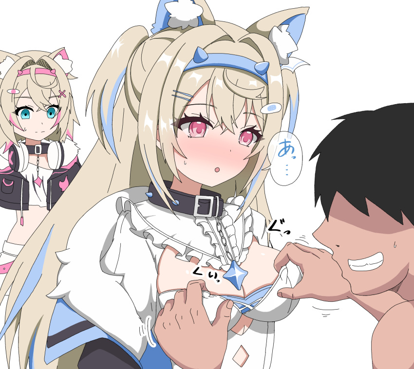 1boy 2girls animal_ear_fluff animal_ears black_collar black_jacket blonde_hair blue_eyes blue_hair blush breasts collar cropped_jacket cropped_shirt dog_ears dog_girl dress faceless faceless_male fang fur-trimmed_jacket fur_trim fuwawa_abyssgard grabbing grabbing_another's_breast hair_ornament hairpin headphones headphones_around_neck highres hololive hololive_english jacket kohau1410 large_breasts mococo_abyssgard multicolored_hair multiple_girls open_mouth pink_eyes pink_hair shirt short_shorts shorts siblings sisters skin_fang small_breasts spiked_collar spikes streaked_hair twins virtual_youtuber white_dress white_shirt white_shorts x_hair_ornament