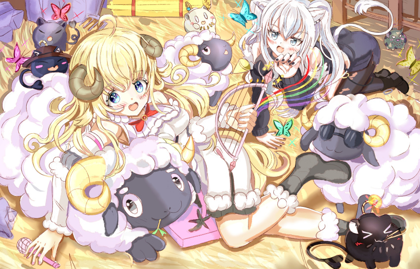 2girls absurdres animal_ears blonde_hair bug butterfly highres horns lion_girl lion_tail long_hair multiple_girls open_mouth sheep_girl sheep_horns shishiro_botan shishiro_botan_(1st_costume) smile ssrb_(shishiro_botan) tail tsunomaki_watame tsunomaki_watame_(1st_costume) very_long_hair virtual_youtuber white_hair