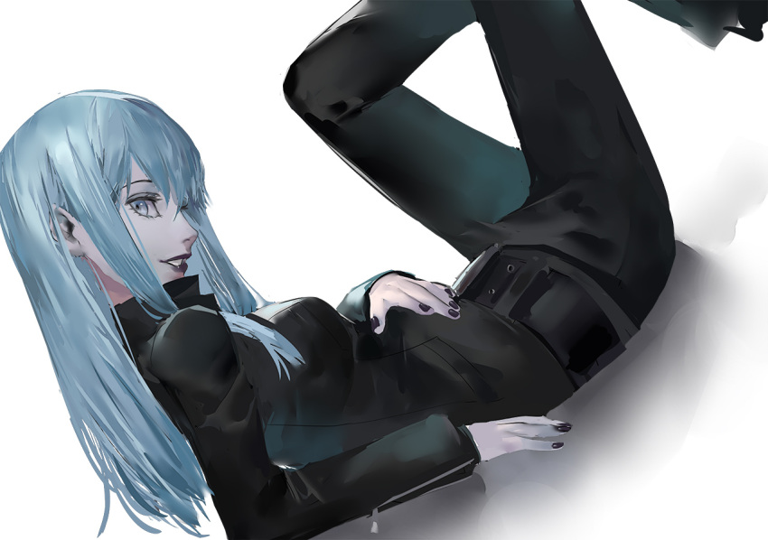 1girl aqua_eyes aqua_hair belt black_jacket black_lips black_nails black_pants blazpu blunt_bangs devil_summoner feet_out_of_frame hand_on_own_stomach jacket legs_up long_hair long_sleeves looking_to_the_side lying nemissa on_back pale_skin pants sidelocks simple_background sketch smile solo soul_hackers white_background