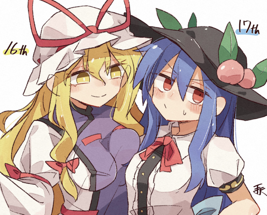 2girls black_headwear blonde_hair blue_hair blush breasts center_frills closed_mouth collared_shirt dress frills fruit_hat_ornament hair_between_eyes hat hat_ornament hat_ribbon hinanawi_tenshi long_hair long_sleeves medium_breasts minoru_minoru mob_cap multiple_girls peach_hat_ornament puffy_short_sleeves puffy_sleeves red_eyes red_ribbon ribbon shirt short_sleeves simple_background small_breasts smile tabard touhou white_background white_dress white_headwear white_shirt yakumo_yukari yellow_eyes