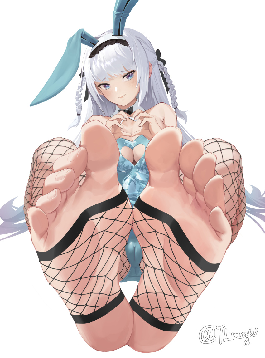 1girl absurdres animal_ears blue_eyes blue_leotard breasts cameltoe cleavage cleft_of_venus clothing_cutout dai-you detached_collar fake_animal_ears feet fishnet_pantyhose fishnets foot_focus foot_pussy foreshortening heart heart_cutout heart_hands highres leotard long_hair looking_at_viewer no_shoes original pantyhose playboy_bunny presenting_foot rabbit_ears soles stirrup_legwear tan_liao toeless_legwear toes white_hair