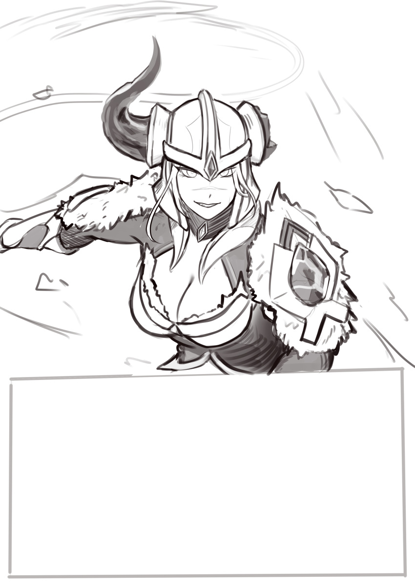 1girl absurdres breasts broken_horn cel_da_lin cleavage fur-trimmed_armor greyscale grin helmet highres horns large_breasts league_of_legends long_sleeves monochrome parted_lips scar scar_on_face scar_on_nose sejuani shoulder_plates single_horn smile solo teeth upper_body