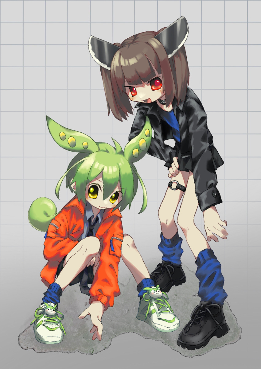 2girls :3 absurdres alternate_costume arm_between_legs black_collar black_jacket black_necktie black_shorts black_skirt blade blue_leg_warmers blue_shirt blunt_bangs blush collar collared_shirt commentary full_body green_hair grey_background grey_shirt grid_background hand_on_own_hip headgear highres jacket kokage_uyuri leaning_forward leather leather_jacket leg_warmers long_hair long_sleeves looking_at_viewer loose_necktie low_ponytail medium_hair miniskirt multiple_girls necktie o-ring o-ring_thigh_strap open_clothes open_jacket open_mouth orange_jacket pea_pod popped_collar red_eyes shirt shoes shorts skirt smile sneakers squatting standing thigh_strap touhoku_kiritan twintails voiceroid voicevox yellow_eyes zundamon