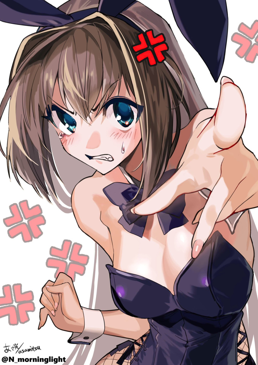 1girl alternate_costume anger_vein animal_ears aozaki_aoko asakou_(n_morninglight) bare_shoulders black_bow black_bowtie black_leotard blue_eyes blush bow bowtie breasts brown_hair bunny_day cleavage commentary_request detached_collar fake_animal_ears fingernails fishnet_pantyhose fishnets hair_intakes highres leotard long_hair mahou_tsukai_no_yoru medium_breasts pantyhose playboy_bunny pointing pointing_at_viewer rabbit_ears signature simple_background solo strapless strapless_leotard sweatdrop tearing_up teeth twitter_username very_long_hair white_background