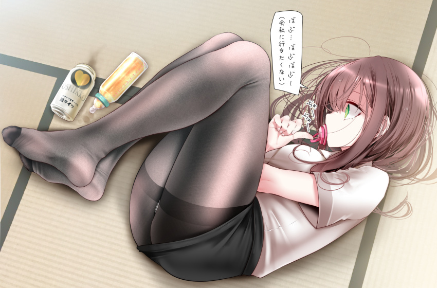 1girl baby_bottle beer_can black_pantyhose bottle breasts brown_hair can commentary commentary_request feet fetal_position fine_fabric_emphasis full_body green_eyes highres knees_up legs long_hair lying no_shoes office_lady ol-chan_(oouso) on_side oouso original pacifier pantyhose pencil_skirt shirt short_sleeves skirt soles solo tatami thighband_pantyhose toes translated white_shirt