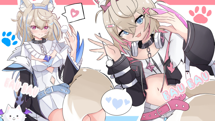 2girls :3 :d absurdres akipaints animal_ear_fluff animal_ears belt belt_collar black_collar black_jacket blonde_hair blue_belt blue_hair breasts cleavage closed_mouth collar cropped_jacket cropped_shirt dog_ears dog_girl dog_tail dress ear_cleaning fake_claws fur-trimmed_jacket fur_trim fuwawa_abyssgard hair_ornament hairpin headphones headphones_around_neck heart highres hololive hololive_english jacket large_breasts long_hair looking_at_viewer medium_hair midriff mimikaki mococo_abyssgard multicolored_hair multiple_girls open_mouth paw_pose perroccino_(fuwamoco) pink_belt pink_hair shirt short_shorts shorts siblings sisters small_breasts smile spiked_collar spikes streaked_hair tail twins virtual_youtuber white_dress white_shirt white_shorts x_hair_ornament