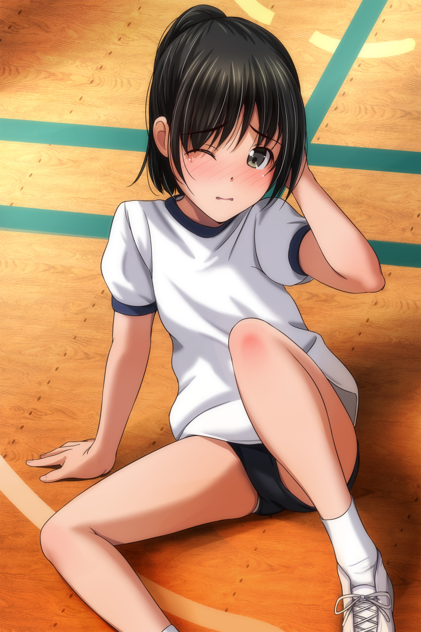 1girl absurdres arm_behind_head arm_up black_buruma black_hair blush brown_eyes buruma feet_out_of_frame gym_shirt gym_uniform highres looking_at_viewer matsunaga_kouyou nose_blush on_floor one_eye_closed original panties panties_under_buruma parted_lips ponytail puffy_short_sleeves puffy_sleeves shirt shoes short_sleeves socks solo underwear white_footwear white_panties white_shirt white_socks wooden_floor