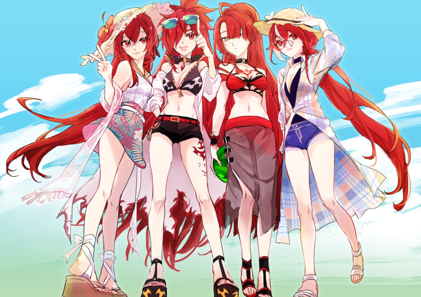 4girls 71pen absurdres adrestia_(elsword) alternate_costume bikini black_shorts bloody_queen_(elsword) blue_shorts breasts cleavage closed_mouth commentary_request elesis_(elsword) elsword empire_sword_(elsword) expressionless eyewear_on_head flame_lord_(elsword) hair_between_eyes hair_over_one_eye hat highres jacket long_hair looking_at_viewer medium_breasts multicolored_hair multiple_girls multiple_persona off_shoulder one_eye_covered open_clothes open_jacket open_mouth red_bikini red_eyes red_hair sandals see-through short_shorts shorts smile straw_hat streaked_hair sun_hat sunglasses swimsuit very_long_hair white_hair white_jacket yellow_eyes