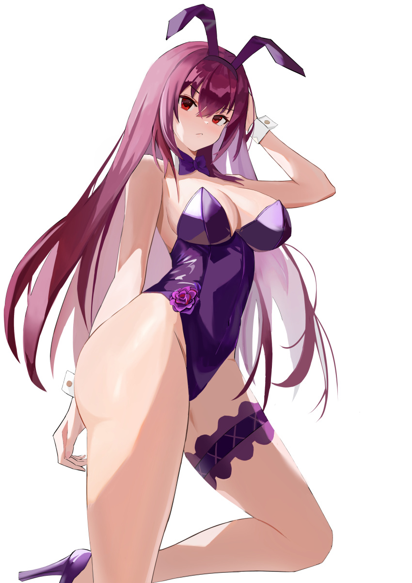 1girl :&lt; absurdres animal_ears arm_behind_back ass bare_arms bare_legs bow bowtie breasts closed_mouth commentary_request detached_collar dot_nose fake_animal_ears fate/grand_order fate_(series) flower hai_binggan hair_between_eyes high_heels highleg highleg_leotard highres large_breasts leotard official_alternate_costume playboy_bunny purple_bow purple_bowtie purple_flower purple_footwear purple_hair purple_leotard purple_rose red_eyes rose scathach_(fate) scathach_(piercing_bunny)_(fate) simple_background solo strapless strapless_leotard thigh_strap thighs v-shaped_eyebrows white_background wrist_cuffs