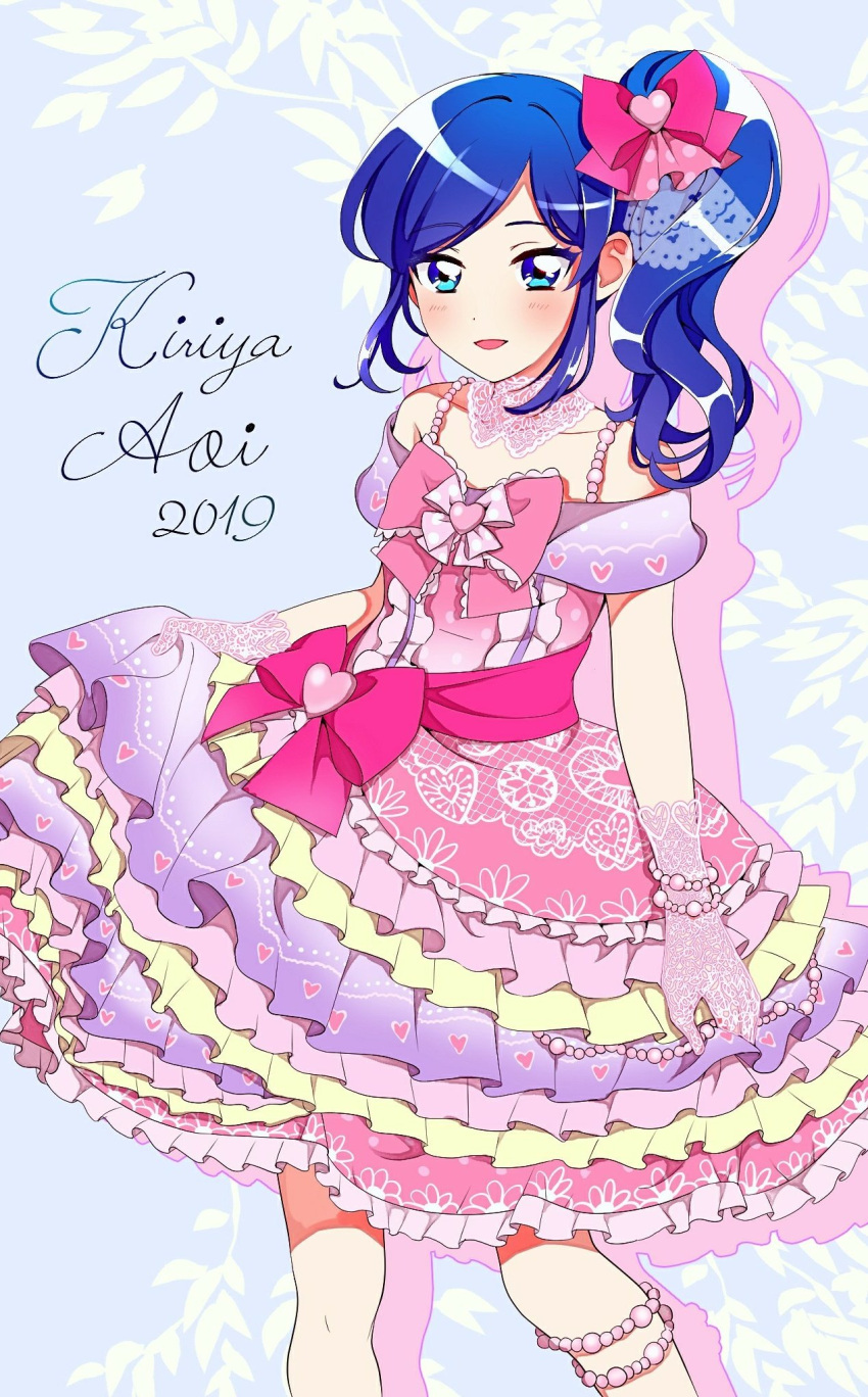 1girl aikatsu! aikatsu!_(series) bare_shoulders blue_eyes blue_hair blush bow character_name collarbone commentary_request detached_collar dress frilled_dress frills gloves hair_bow heart highres kiriya_aoi long_hair looking_at_viewer open_mouth pink_bow pink_dress purple_gloves raimu_(01155103aiko) side_ponytail skirt_hold smile solo standing