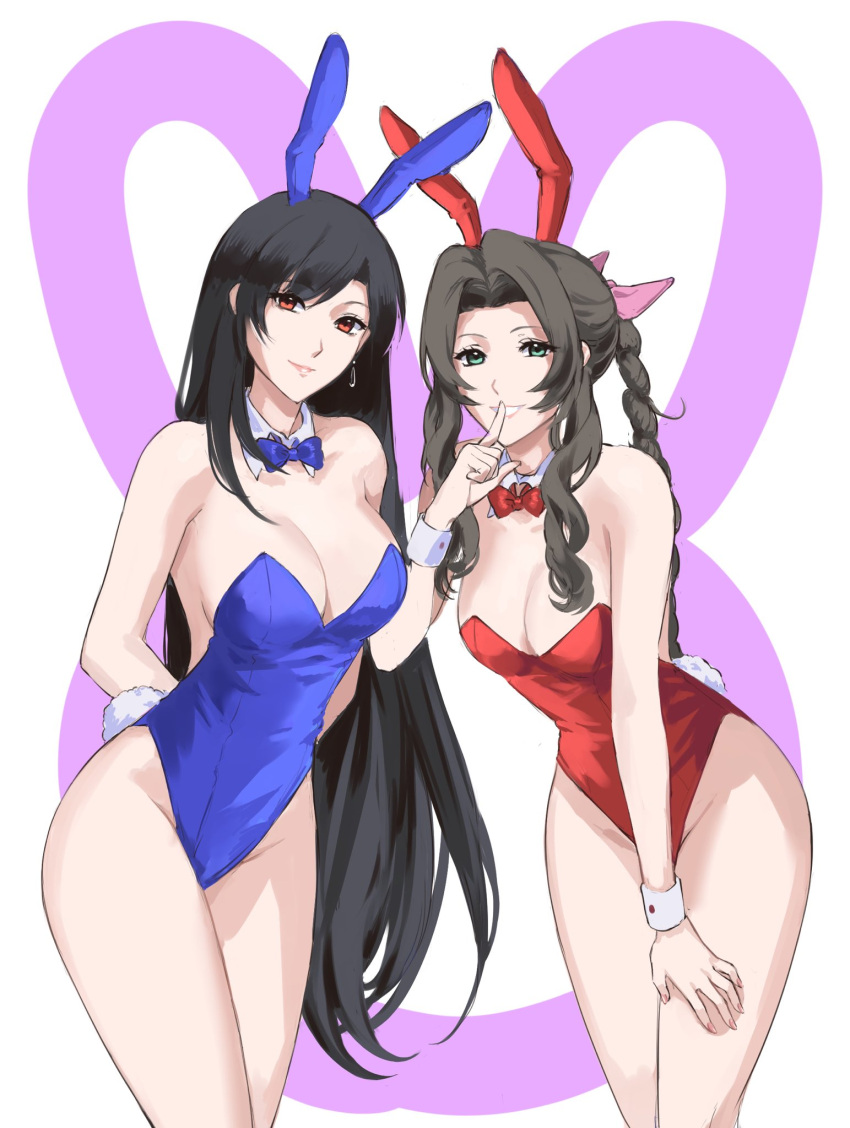 2girls aerith_gainsborough animal_ears arms_behind_back bare_shoulders black_hair blue_bow blue_bowtie blue_leotard bow bowtie braid breasts brown_hair bunny_day cleavage closed_mouth commentary cowboy_shot detached_collar earrings english_commentary fake_animal_ears fake_tail final_fantasy final_fantasy_vii final_fantasy_vii_remake finger_to_mouth green_eyes hair_ribbon hand_on_own_thigh highres jewelry kivavis large_breasts leaning_forward leotard long_hair looking_at_viewer medium_breasts multiple_girls parted_bangs parted_lips pink_lips pink_ribbon playboy_bunny rabbit_ears rabbit_tail red_bow red_bowtie red_eyes red_leotard ribbon sidelocks single_braid single_earring smile strapless strapless_leotard swept_bangs tail teardrop_earring thighs tifa_lockhart very_long_hair wrist_cuffs