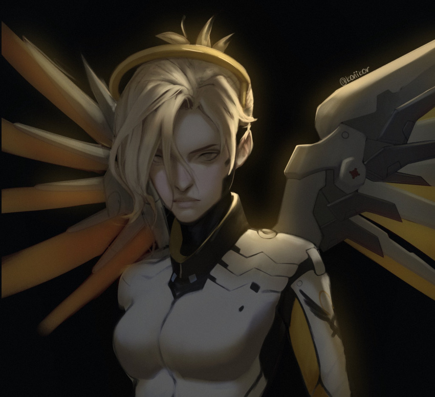 1girl angel_wings armor black_background blonde_hair halo highres koriikor looking_at_viewer mercy_(overwatch) metal_wings overwatch overwatch_2 signature white_armor wings yellow_headwear