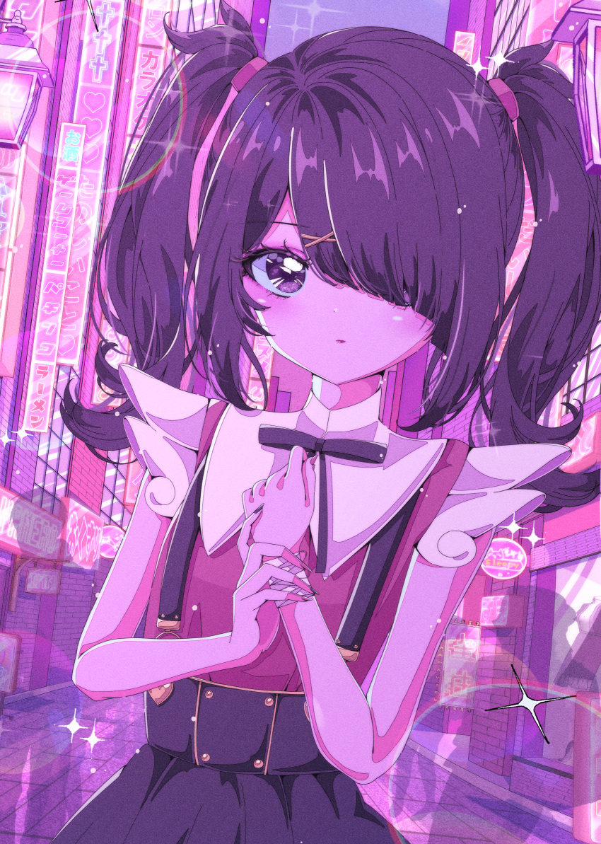 1girl absurdres ame-chan_(needy_girl_overdose) black_hair black_nails black_ribbon black_skirt blush building collar collared_shirt hair_ornament hair_over_one_eye hair_tie hairclip highres holding_own_wrist long_hair looking_at_viewer milon_cas multicolored_nails neck_ribbon needy_girl_overdose outdoors pastel_colors red_nails red_shirt ribbon road shirt shirt_tucked_in skirt solo sparkle standing street suspender_skirt suspenders twintails white_collar x_hair_ornament