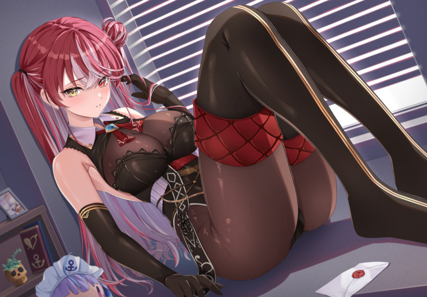 1girl ascot black_gloves blinds breasts colored_inner_hair elbow_gloves envelope gloves hair_bun hand_up heterochromia highres hololive houshou_marine iroha_(unyun) knees_up large_breasts leaning_back legs long_hair minato_aqua multicolored_hair no_shoes official_alternate_costume official_alternate_hair_length official_alternate_hairstyle pantyhose parted_lips red_ascot red_eyes red_hair see-through_cleavage shelf sideways sitting solo streaked_hair stuffed_toy thighhighs thighs very_long_hair virtual_youtuber white_hair window wing_collar yellow_eyes