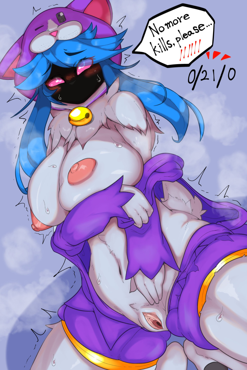 absurd_res anthro blue_hair blush bovid breasts caprine clothing female fur genitals hair hi_res kindred_(lol) lamb_(lol) league_of_legends legwear mammal nigiruri nipples pink_eyes purple_clothing pussy riot_games sheep solo speech_bubble stockings white_body white_fur woof_and_the_lamb_kindred