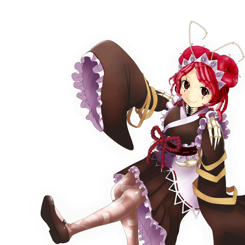 1girl absurdres antennae apron arthropod_girl brown_footwear brown_kimono brown_thighhighs closed_mouth commentary double_bun entoma_vasilissa_zeta extra_pupils fangs foot_out_of_frame hair_bun hand_up highres japanese_clothes kimono leg_up lhofi looking_at_viewer maid maid_headdress mary_janes monster_girl ofuda ofuda_on_clothes overlord_(maruyama) red_eyes red_hair shoe_soles shoes short_hair simple_background skin_fangs sleeves_past_wrists smile solo striped striped_thighhighs swinging_legs thighhighs white_apron white_background wide_sleeves