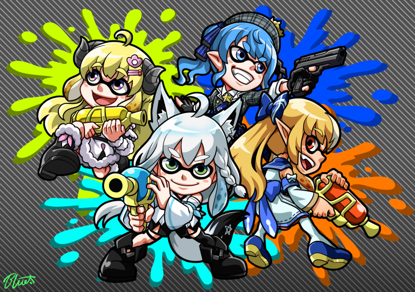 aiming animal_ears blonde_hair blue_eyes blue_hair blue_sailor_collar braid brown_eyes buru-dai commentary_request detached_sleeves diagonal_stripes dress finger_on_trigger fox_ears fox_girl fox_tail gloves green_eyes grin gun hair_ornament hairclip handgun holding holding_gun holding_weapon hololive horns hoshimachi_suisei inkling open_mouth partially_fingerless_gloves plaid plaid_dress pointy_ears ponytail red_eyes sailor_collar sheep_girl sheep_horns shirakami_fubuki shiranui_flare side_braid side_ponytail signature smile splatoon_(series) striped striped_background super_soaker tail tentacle_hair tsunomaki_watame virtual_youtuber weapon white_dress white_hair wide_sleeves