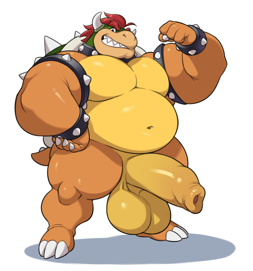 2023 analon_(artist) anthro armband balls barazoku belly biceps big_balls big_belly big_muscles big_penis bowser bracelet claws collar erection eyebrows flexing foreskin genitals hair hand_on_hip hi_res horn huge_balls huge_muscles huge_penis humanoid_genitalia humanoid_penis jewelry koopa looking_at_viewer male mario_bros musclegut muscular muscular_anthro muscular_male navel nintendo nude overweight overweight_anthro overweight_male pecs penis scalie shadow shell simple_background smile solo spiked_armband spiked_bracelet spiked_collar spiked_shell spiked_tail spikes spikes_(anatomy) standing teeth thick_penis thick_thighs white_background