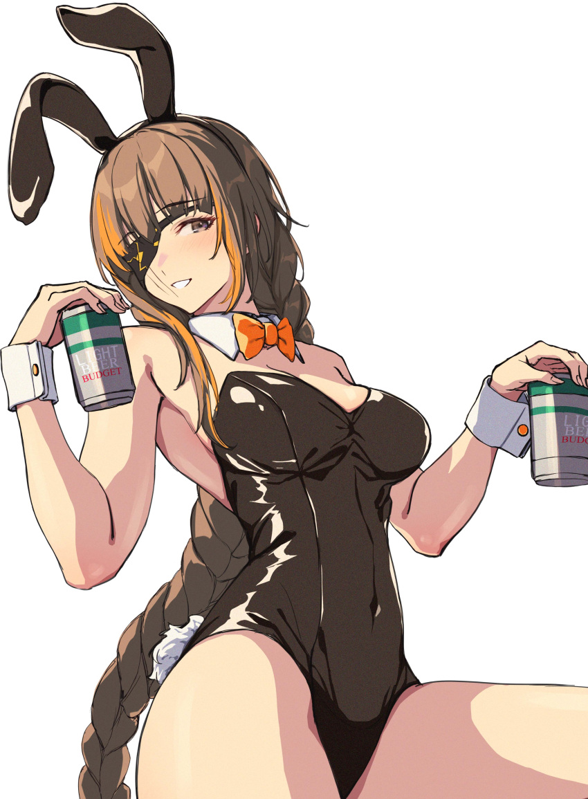 1girl 3_small_spiders absurdres animal_ears black_leotard blonde_hair blush bow bowtie braid braided_ponytail brown_eyes brown_hair can commentary_request covered_navel detached_collar fake_animal_ears fake_tail from_below girls'_frontline highres holding holding_can leotard long_hair looking_at_viewer looking_down m16a1_(girls'_frontline) multicolored_hair open_mouth orange_bow orange_bowtie playboy_bunny rabbit_tail scar scar_across_eye simple_background single_braid solo strapless strapless_leotard streaked_hair tail two-tone_hair very_long_hair white_background wrist_cuffs