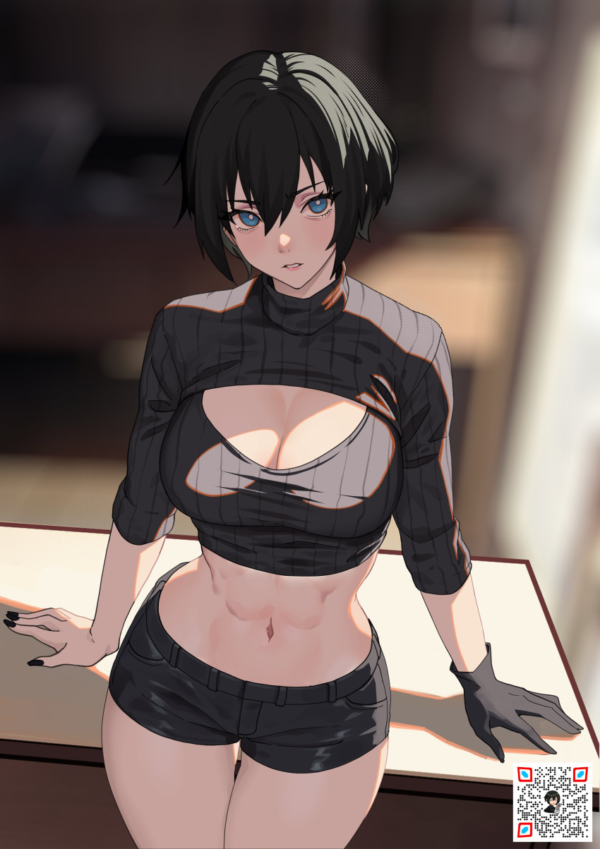 1girl abs absurdres black_gloves black_hair black_nails black_shirt black_shorts blue_eyes blurry blurry_background breasts bright_pupils cleavage cleavage_cutout clothing_cutout commentary cowboy_shot crop_top english_commentary fingernails gloves hair_between_eyes highres indoors kuso_otoko large_breasts long_fingernails looking_at_viewer midriff nail_polish navel original parted_lips qr_code ribbed_shirt shadow shirt short_hair short_shorts shorts single_glove sleeves_past_elbows solo stippling_(texture) sunlight teeth thigh_gap toned turtleneck white_pupils