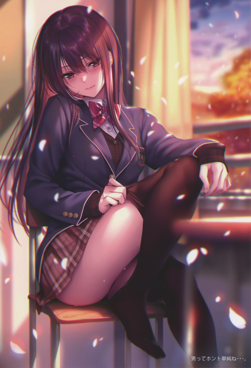 1girl absurdres blazer blurry blurry_background blush breasts brown_hair chair closed_mouth curtains fingernails hanikami_kanojo highres indoors jacket lips long_hair long_sleeves medium_breasts minazumi_kasane petals piromizu pulled_by_self ribbon scan simple_background sitting sleeves_past_wrists solo thighhighs thighs window