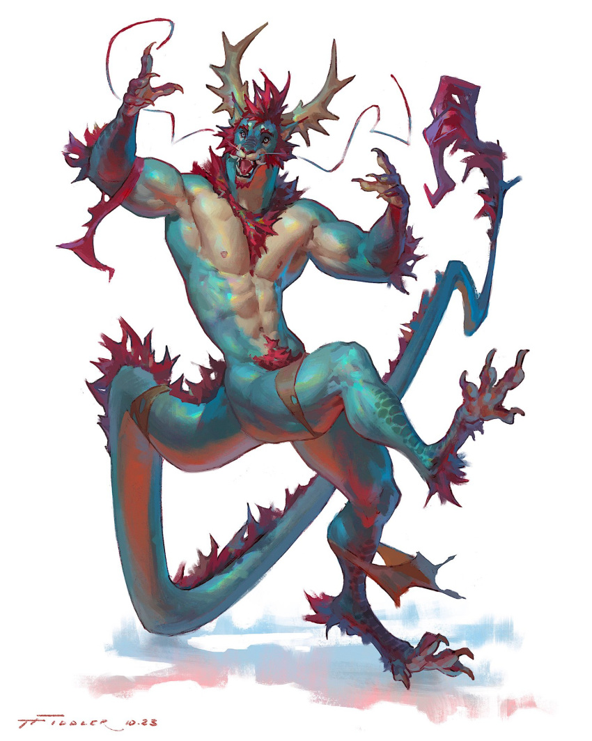 2023 abs anthro barazoku barbel_(anatomy) biceps biped body_hair clothing crotch_tuft digital_media_(artwork) dragon eastern_dragon hi_res horn male muscular muscular_anthro muscular_male muscular_thighs nipples nude open_mouth open_smile pecs quads sharp_teeth simple_background smile solo tail taran_fiddler teeth thick_thighs tongue torn_clothing tuft were weredragon white_background