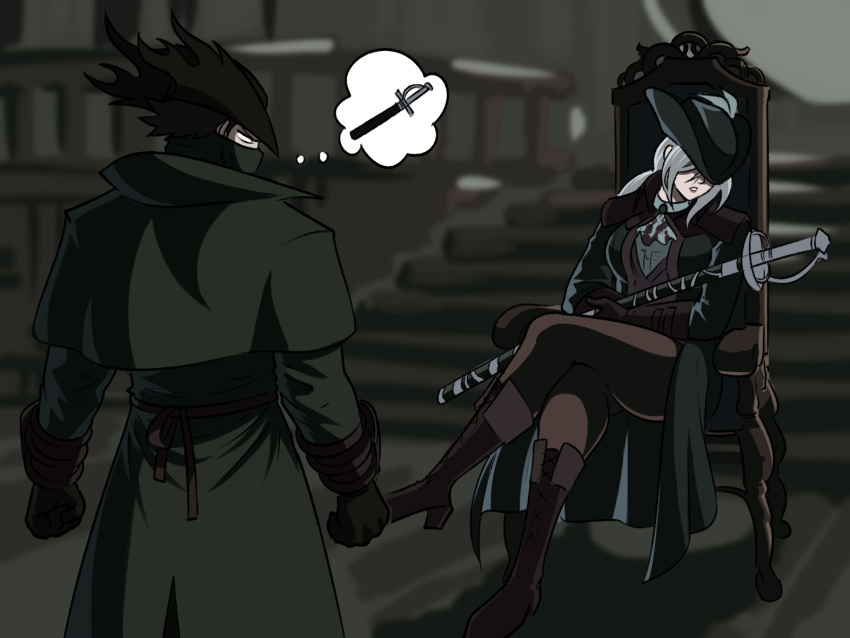 1boy 1girl ascot black_coat bloodborne boots coat crossed_legs half_mask hat hat_feather highres holding holding_sheath hunter_(bloodborne) lady_maria_of_the_astral_clocktower mask ponytail rakuyo_(bloodborne) sheath sheathed sitting thigh_boots thought_bubble tina_fate tricorne white_hair