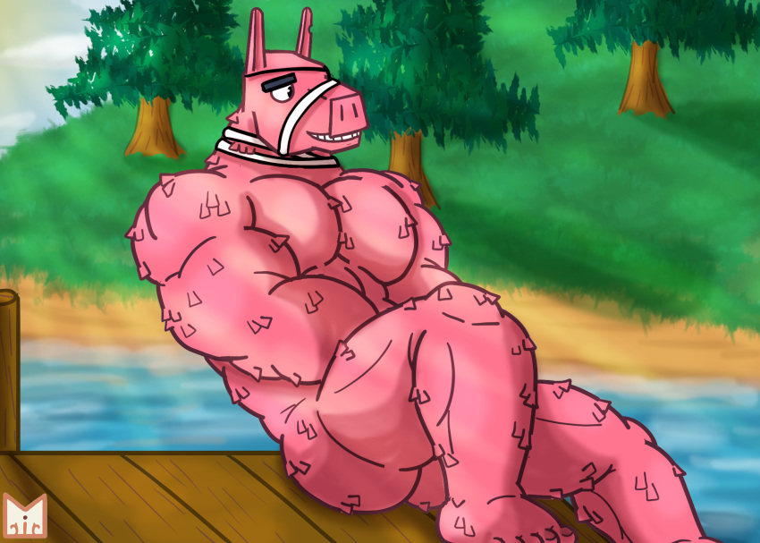 animate_inanimate anthro bandaged_neck black_eyebrows black_eyes butt camelid ears_up epic_games eye_patch eyebrows eyewear feet floor fortnite fur grass grin hi_res kaiser_dragonstro lake living_pinata llama lt._john_llama male mammal muscular muscular_anthro muscular_arms muscular_legs muscular_male nude pecs pier pinata pink_body pink_fur plant public public_nudity smile solo teeth tree wood wood_floor wool_(fur)