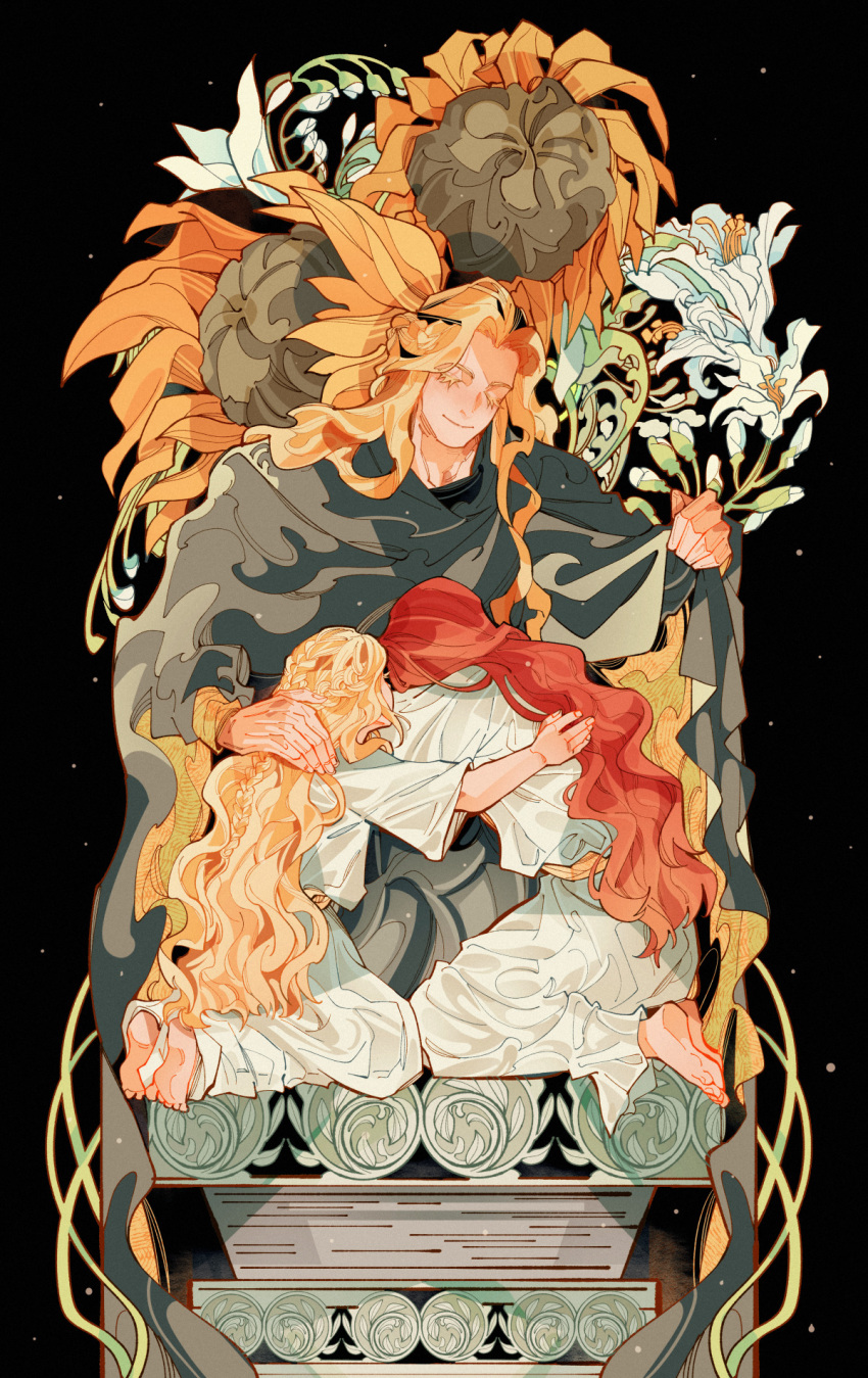 1girl 2boys arm_up blonde_hair braid brother_and_sister brothers closed_eyes colored_eyelashes drenched-in-sunlight elden_ring flower godwyn_the_golden grey_cloak half-siblings hand_on_another's_back hand_on_another's_neck highres holding_cloak hug kneeling long_hair malenia_blade_of_miquella miquella_(elden_ring) multiple_boys multiple_braids on_floor red_hair siblings sunflower twins very_long_hair