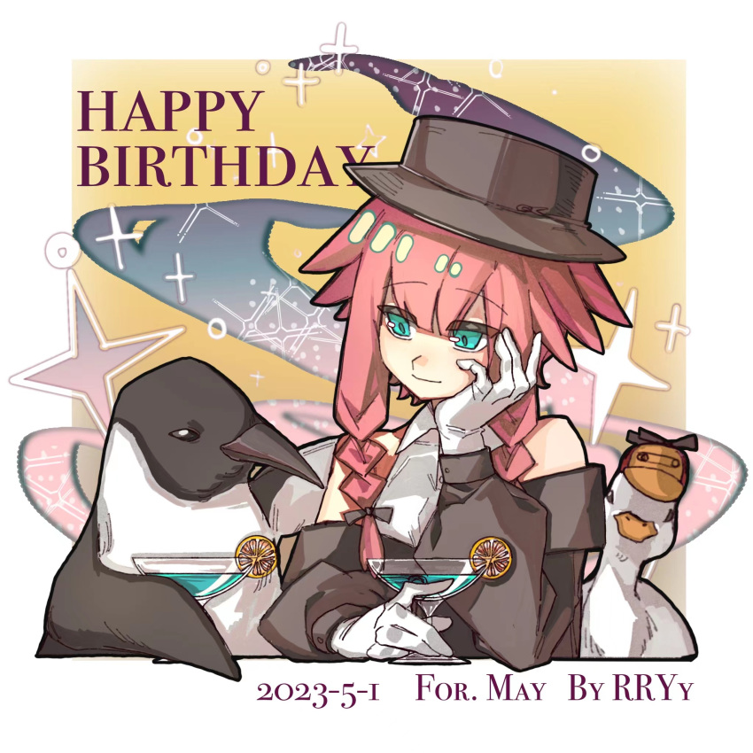 1girl animal arknights artist_name bare_shoulders bird black_headwear black_jacket blue_eyes braid character_name cocktail cocktail_glass cup dated deerstalker drinking_glass food fruit gloves goose happy_birthday hat highres jacket lemon lemon_slice may_(arknights) off-shoulder_jacket off_shoulder penguin pink_hair rryy shirt short_hair_with_long_locks sidelocks sleeveless sleeveless_shirt twin_braids white_gloves white_shirt