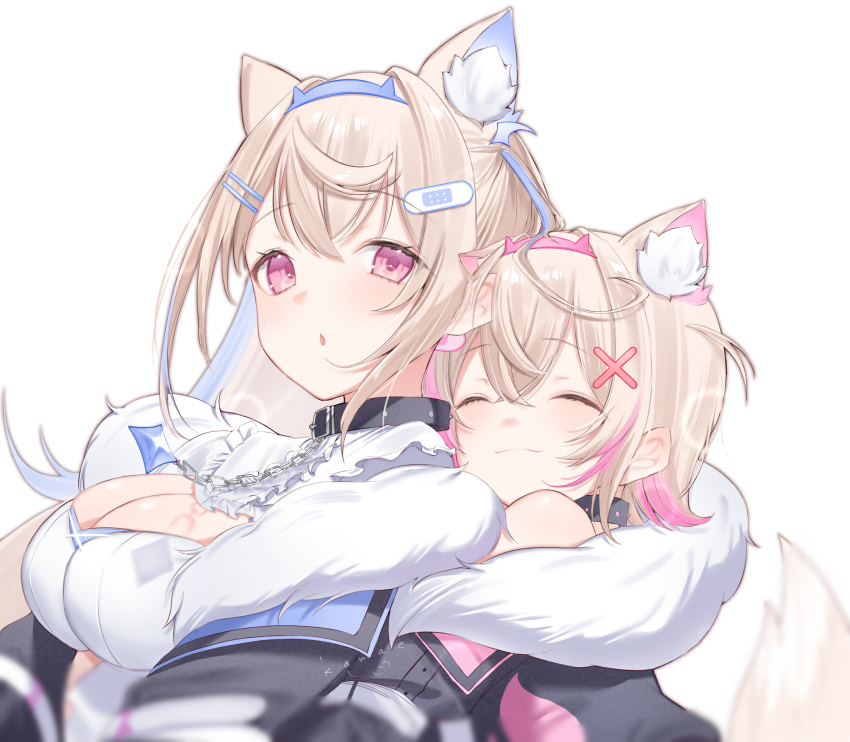 2girls ^_^ animal_ears bandaid_hair_ornament black_collar black_jacket blonde_hair blue_hair blue_hairband breasts cleavage closed_eyes closed_mouth collar commentary dog_ears dog_girl dog_tail dress fur-trimmed_jacket fur_trim fuwawa_abyssgard hair_ornament hairband hairpin highres hololive hololive_english hug hug_from_behind jacket kanae_(inorin05kanae) md5_mismatch medium_breasts mococo_abyssgard multicolored_hair multiple_girls pink_hair pink_hairband resolution_mismatch short_hair siblings simple_background sisters smile streaked_hair tail twins upper_body virtual_youtuber white_background white_dress x_hair_ornament