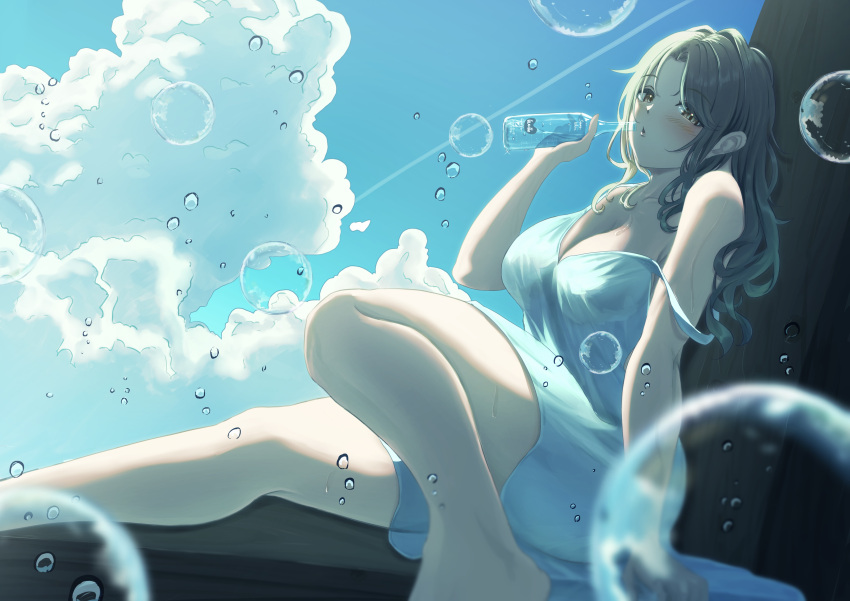 1girl absurdres air_bubble bare_legs barefoot blue_sky blurry blush bottle breasts bubble cleavage cloud depth_of_field dress foot_out_of_frame highres holding holding_bottle ichikawa_hinana idolmaster idolmaster_shiny_colors large_breasts light_brown_hair long_hair looking_at_viewer misanga_(hxjd5354) parted_bangs sideways_glance sitting sky sleeveless sleeveless_dress solo strap_slip white_dress