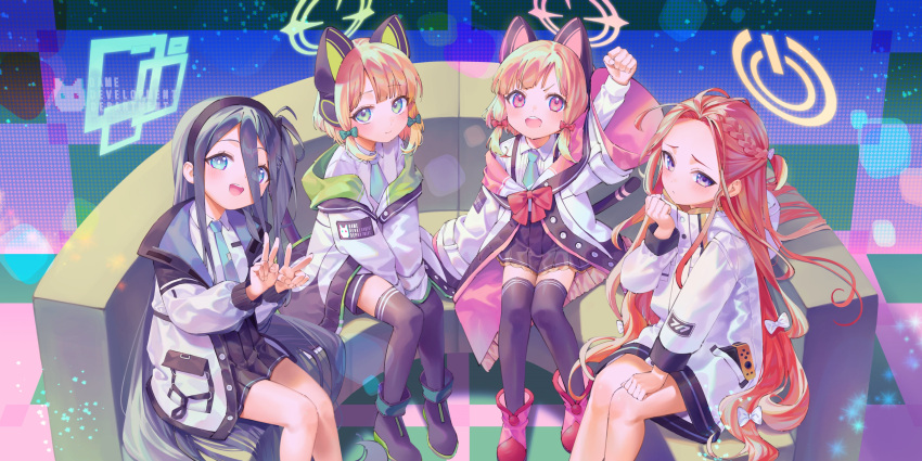 4girls absurdres animal_ears aris_(blue_archive) arm_up black_hair black_skirt black_thighhighs blonde_hair blue_archive blue_eyes boots bow braid couch fake_animal_ears forehead green_bow green_eyes hair_between_eyes hair_bow halo highres jacket long_hair long_sleeves looking_at_viewer midori_(blue_archive) miniskirt momoi_(blue_archive) multiple_girls purple_eyes red_bow red_eyes red_footwear red_hair school_uniform sidelocks sitting skirt smile thighhighs very_long_hair white_bow white_jacket yu1_na12 yuzu_(blue_archive)
