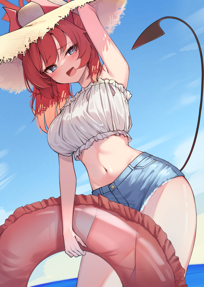 1girl absurdres alternate_costume arm_up armpits bare_arms bare_shoulders blue_archive blue_eyes blue_shorts breasts contrapposto cowboy_shot crop_top cutoffs day demon_horns demon_tail denim denim_shorts embarrassed frilled_shirt frills halo hat highres horns horns_through_headwear innertube large_breasts long_hair looking_at_viewer megu_(blue_archive) micro_shorts midriff navel open_mouth outdoors ponytail red_hair shirt short_shorts shorts sleeveless sleeveless_shirt smile solo standing stomach straw_hat tail tail_raised thighs white_shirt ziro_(zirorong)