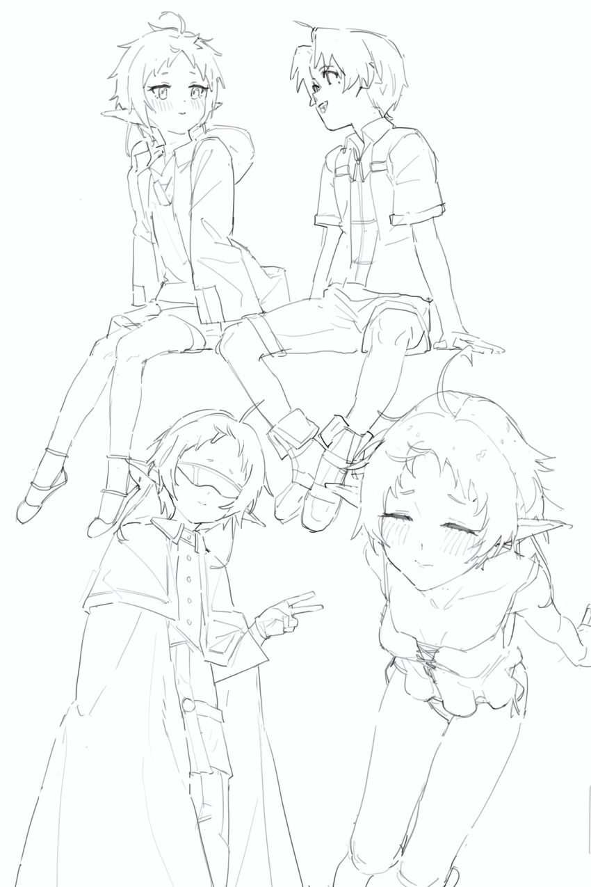 1boy 1girl ahoge breasts cloak closed_eyes closed_mouth elf greyscale hand_up highres hood hooded_jacket invisible_chair jacket monochrome mushoku_tensei pointy_ears rudeus_greyrat short_hair shorts sitting sketch small_breasts smile sunglasses sylphiette_(mushoku_tensei) toxic_(toxicv) underwear v