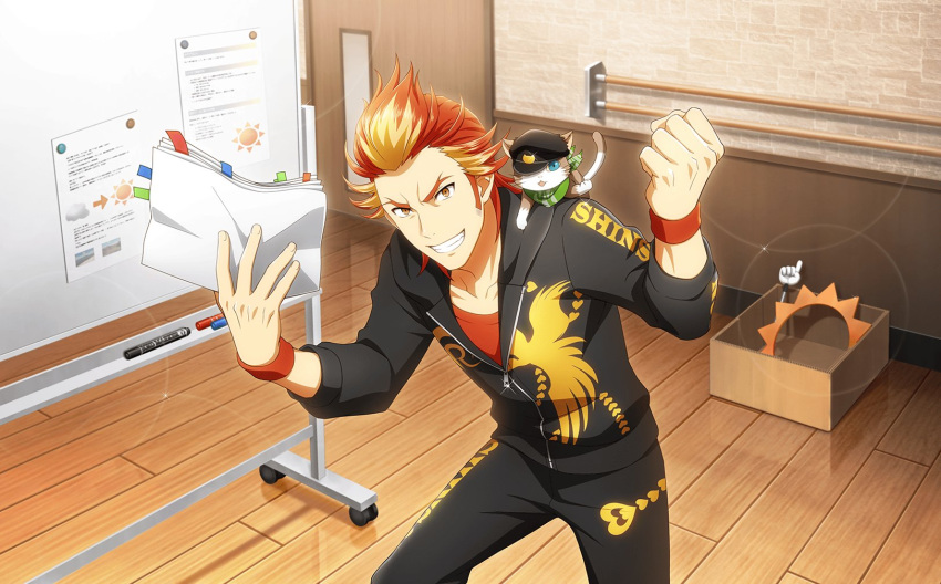 1boy akai_suzaku animal_on_shoulder black_pants board cat cat_on_shoulder clenched_hand door highres holding holding_paper idolmaster idolmaster_side-m idolmaster_side-m_live_on_stage! light_smile looking_at_viewer male_focus marker nyako_(idolmaster) official_art orange_eyes orange_hair pants paper red_hair wooden_floor wristband zipper