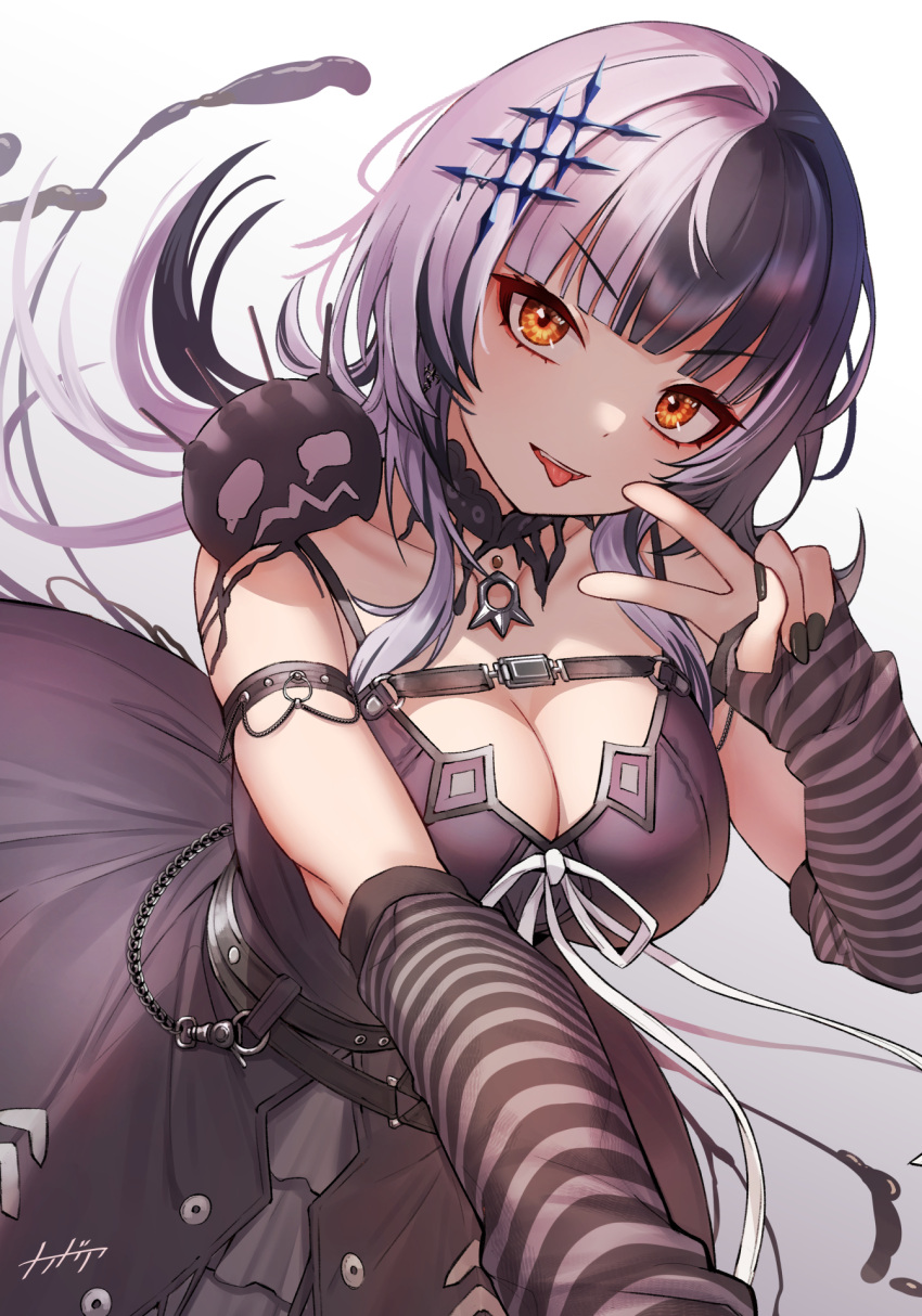 1girl arpeggio_kaga belt black_belt black_dress black_hair black_nails breasts choker cleavage commentary_request dress grey_hair highres hololive hololive_english lace lace-trimmed_choker lace_choker lace_trim large_breasts long_hair looking_at_viewer multicolored_hair orange_eyes shiori_novella simple_background sleeveless sleeveless_dress smile solo split-color_hair striped_arm_warmers tongue tongue_out virtual_youtuber white_background