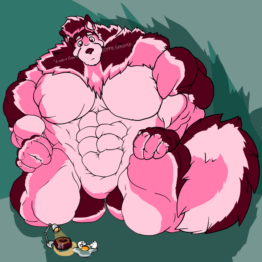 abs absurd_res alaskan_malamute anthro barazoku biceps big_muscles big_tail canid canine canis digital_media_(artwork) domestic_dog egg egg_yolk fluffy fluffy_tail fujiyama_samoyed_(artist) fur furniture_lamp gentle_giant gentleman hair hi_res himbo huge_muscles huge_thighs hyper hyper_muscles incubation lamp looking_at_viewer looking_worried macro male mammal muscular muscular_anthro muscular_male nordic_sled_dog nude pecs pink_body pink_fur pink_hair pink_nose simple_background size_difference solo spitz tail thick_thighs worried yanbara_(fujiyamasamoyed)