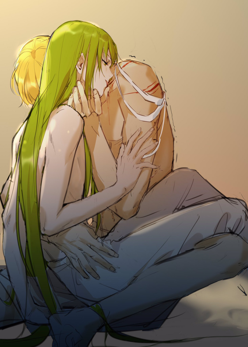 1boy 1other androgynous chain enkidu_(fate) fate/strange_fake fate_(series) gilgamesh_(fate) glowing glowing_clothes glowing_eyes green_hair hair_between_eyes highres long_hair looking_at_viewer male_focus robe rrr_(reason) shirt smile solo upper_body very_long_hair white_robe white_shirt yellow_eyes