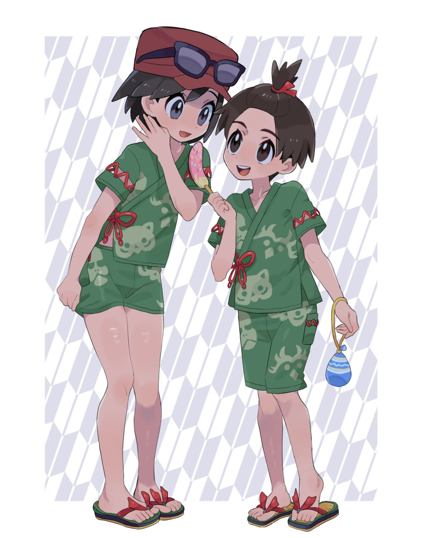2boys :d alternate_costume bare_legs black-framed_eyewear brown_hair calem_(pokemon) commentary_request eyewear_on_headwear feeding florian_(pokemon) food green_shirt green_shorts grey_eyes hat highres holding knees legs looking_down male_focus multiple_boys open_mouth pokemon pokemon_(game) pokemon_sv pokemon_xy red_headwear sana_(37pisana) sandals shirt short_hair short_shorts short_sleeves shorts smile standing sunglasses teeth toes tongue topknot upper_teeth_only