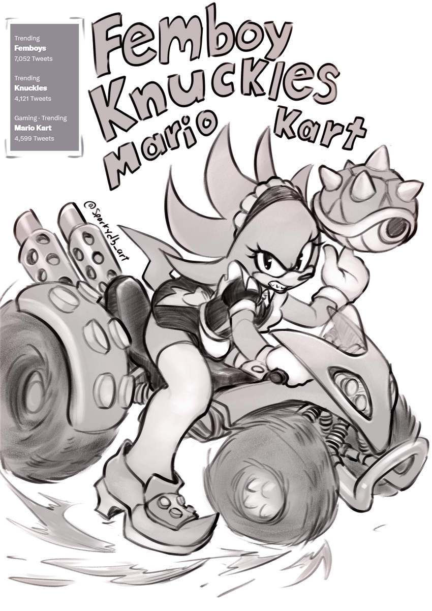 2023 absurd_res angry anthro apron biped clenched_teeth clothed clothing crossdressing crossover dress echidna english_text footwear girly gloves handwear hi_res knuckles_the_echidna legwear looking_at_viewer maid_headdress maid_uniform male mammal mario_bros mario_kart monochrome monotreme nintendo sega shirt_cuffs solo sonic_the_hedgehog_(series) sparkydb stockings teeth text thigh_highs uniform vehicle