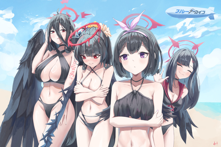 absurdres beach bikini black_bikini black_hair black_wings blue_archive dotthebot feathered_wings halo hasumi_(blue_archive) highres ichika_(blue_archive) justice_task_force_(blue_archive) mashiro_(blue_archive) outdoors red_halo sailor_bikini sailor_collar swimsuit tsurugi_(blue_archive) wings