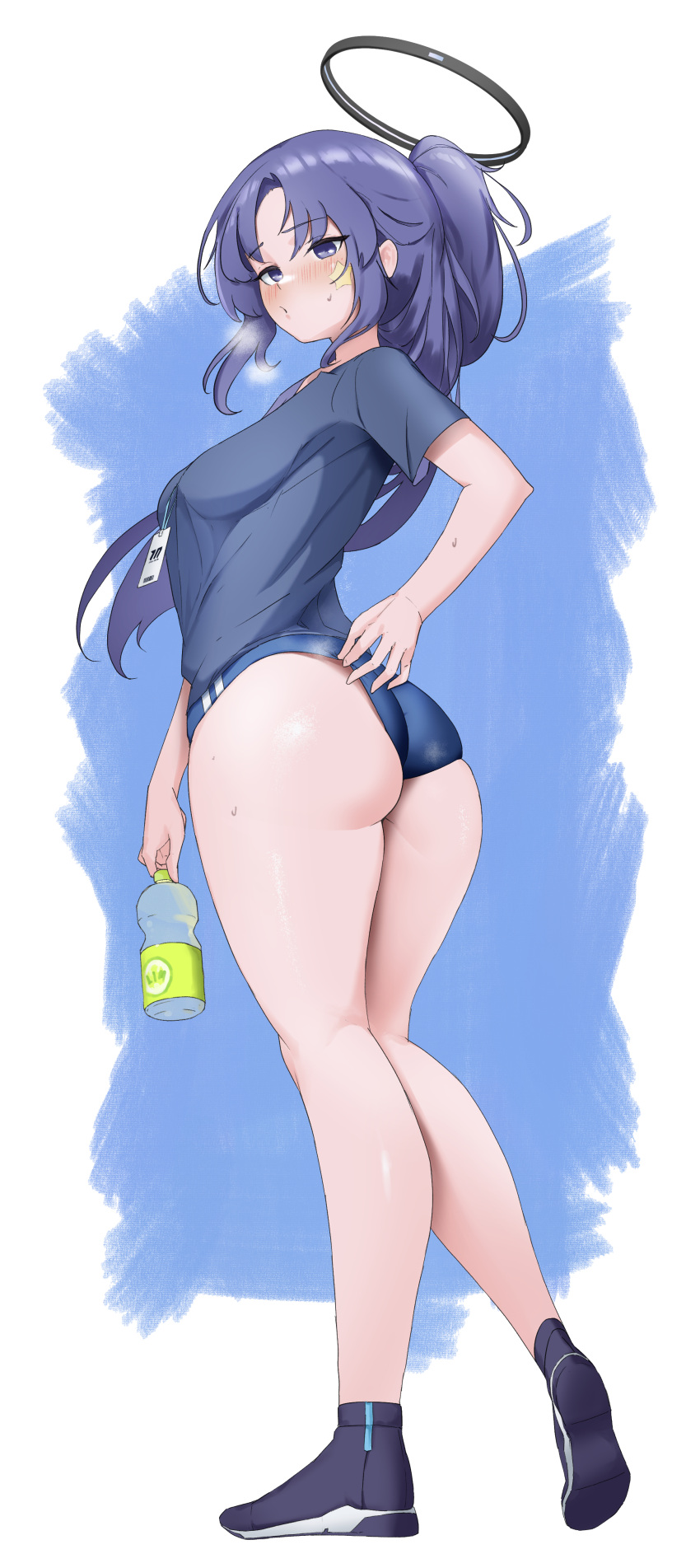1girl absurdres adjusting_buruma adjusting_clothes ass black_footwear blue_archive blue_buruma blue_eyes blue_shirt blush bottle breasts buruma commentary_request from_behind full_body gym_shirt gym_uniform halo highres holding holding_bottle id_card lanyard long_hair looking_at_viewer looking_back medium_breasts official_alternate_costume pang_(daty8882) purple_hair shirt shoes short_sleeves sneakers solo sportswear standing star_sticker sticker_on_face sweat water_bottle yuuka_(blue_archive) yuuka_(gym_uniform)_(blue_archive)