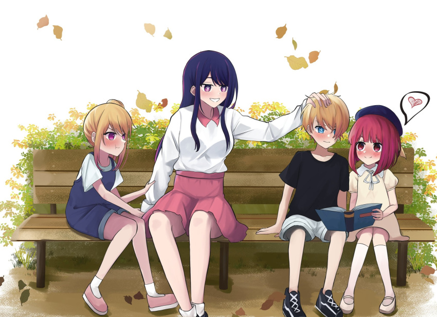 1boy 3girls arima_kana bench beret black_shirt blonde_hair blue_eyes blue_headwear blue_overalls blush bob_cut closed_mouth commentary dress english_commentary falling_leaves hair_over_one_eye hat headpat heart highres hoshino_ai_(oshi_no_ko) hoshino_aquamarine hoshino_ruby inverted_bob leaf long_hair long_sleeves medium_hair mismatched_pupils mother_and_daughter mother_and_son multiple_girls neck_ribbon no_pupils oshi_no_ko overalls park_bench pink_eyes pink_skirt pout purple_eyes purple_hair red_eyes red_hair ribbon shirt short_hair short_sleeves shorts siblings side_ponytail sidelocks sisters sitting skirt smile socks spoken_heart star-shaped_pupils star_(symbol) symbol-shaped_pupils tsunkyunn white_dress white_ribbon white_shirt white_shorts white_socks