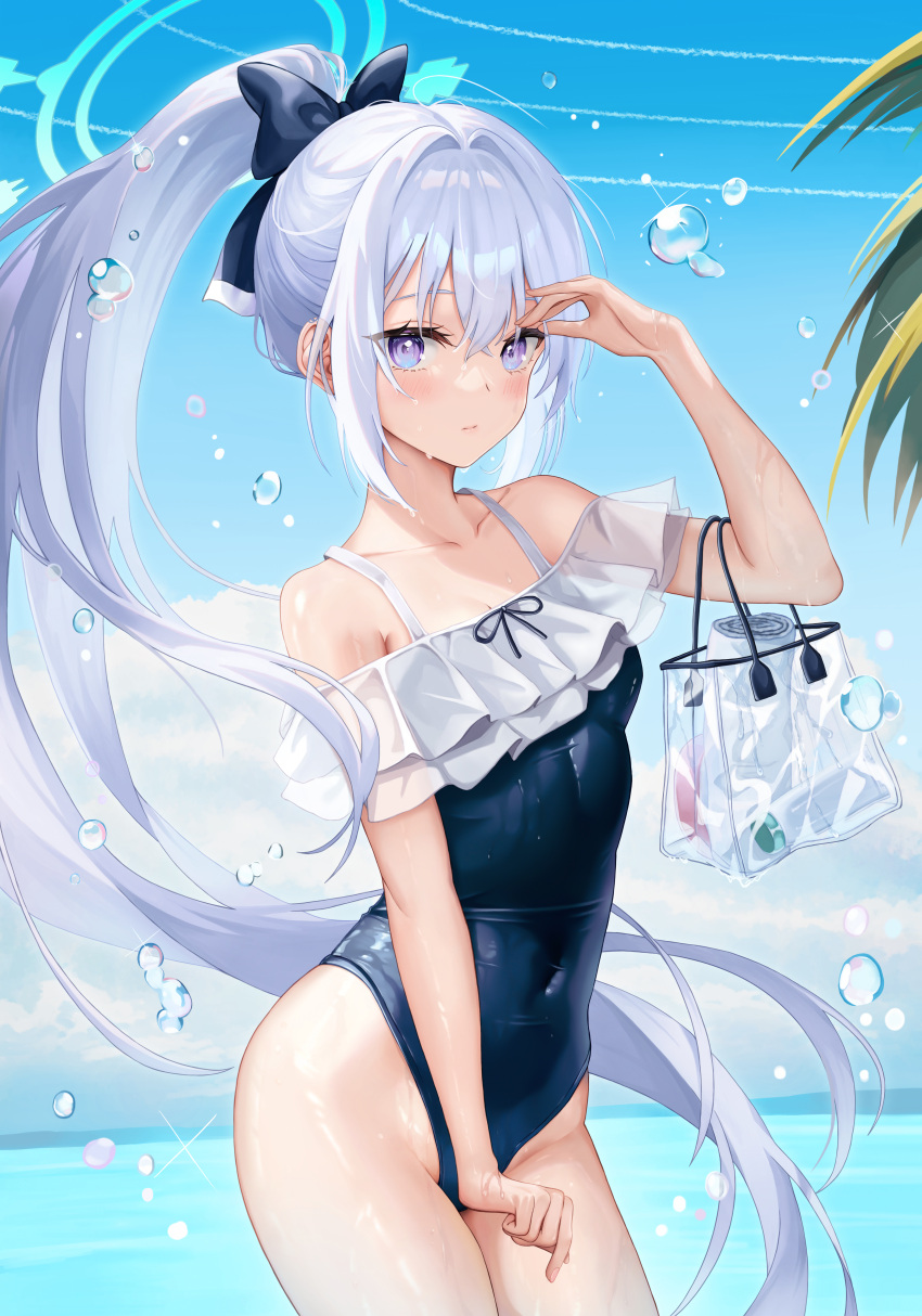 1girl absurdres blue_archive blue_halo bow breasts casual_one-piece_swimsuit closed_mouth commentary_request contrail covered_navel day frilled_one-piece_swimsuit frills hair_bow halo hand_up highres horizon long_hair looking_at_viewer mikanjam miyako_(blue_archive) miyako_(swimsuit)_(blue_archive) ocean off-shoulder_one-piece_swimsuit off_shoulder official_alternate_costume one-piece_swimsuit outdoors ponytail purple_eyes small_breasts solo swimsuit transparent_bag tree two-tone_one-piece_swimsuit white_hair